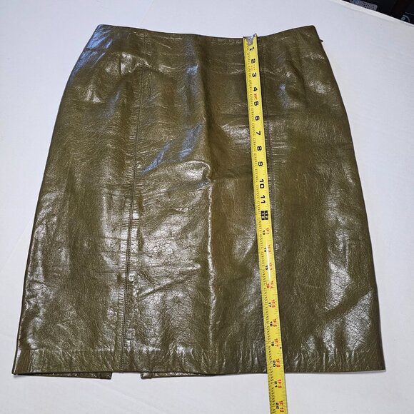 VTG 80s Linda Allard Ellen Tracy 100% Leather Mini Skirt Olive Green Petite 10 - Picture 8 of 10